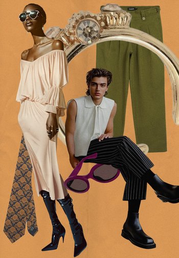 Een model in een roze off-shoulder jurk poseert naast een jonge man in een mouwloos shirt, omringd door een kroon, groene broek en accessoires.