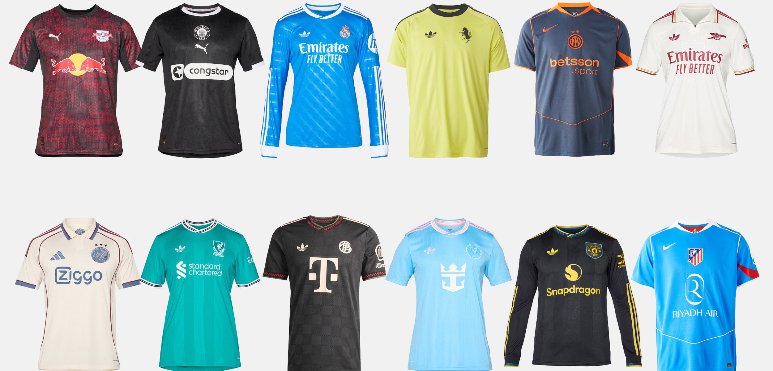 Douze maillots variés de clubs de football européens affichés en deux rangées, présentant diverses couleurs, logos et marquages de sponsors.
