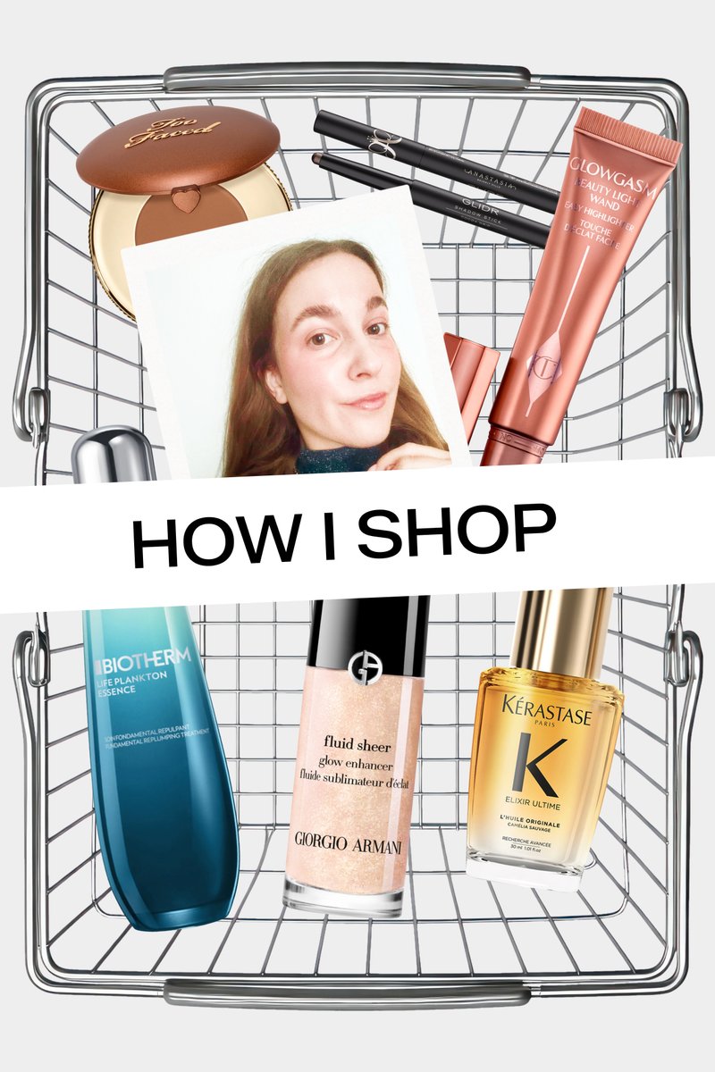 Cesta de la compra con productos de maquillaje y cuidado de la piel que incluyen bronceador, iluminador, base, aceite para el cabello y una foto de una mujer.