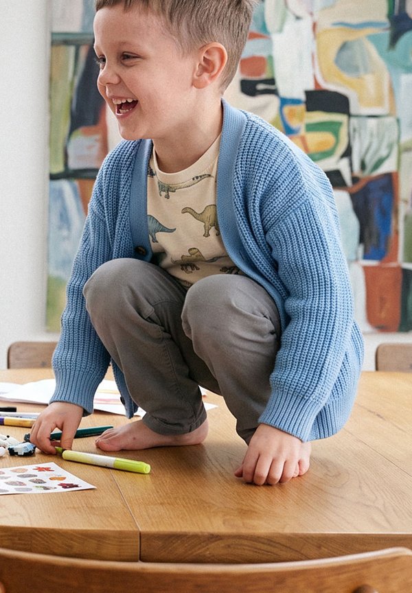 Niño pequeño con cárdigan azul y camiseta de dinosaurio agachado y sonriendo sobre una mesa de madera con rotuladores y pegatinas cerca.