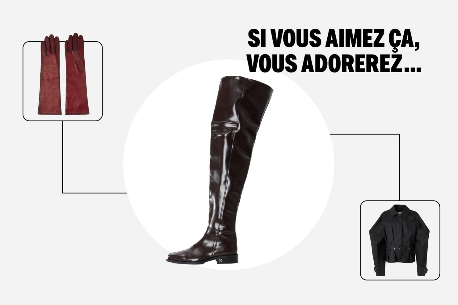 Bottes en cuir marron montant jusqu'aux genoux avec une finition brillante, bout carré et talon bloc bas ; entourées de gants en cuir rouges et d'une veste courte noire.