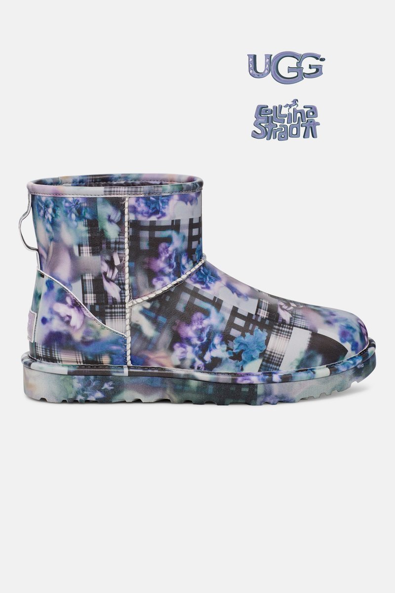 Colorful UGG boots featuring a floral and checkered pattern, displayed against a white background with UGG branding above.
