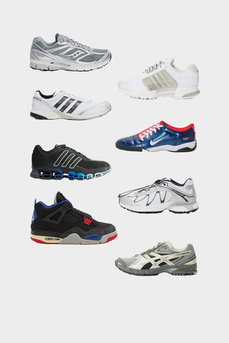 Nove paia di scarpe sportive con vari design, materiali, colori e trame. Include accenti neri, bianchi, grigi e blu.