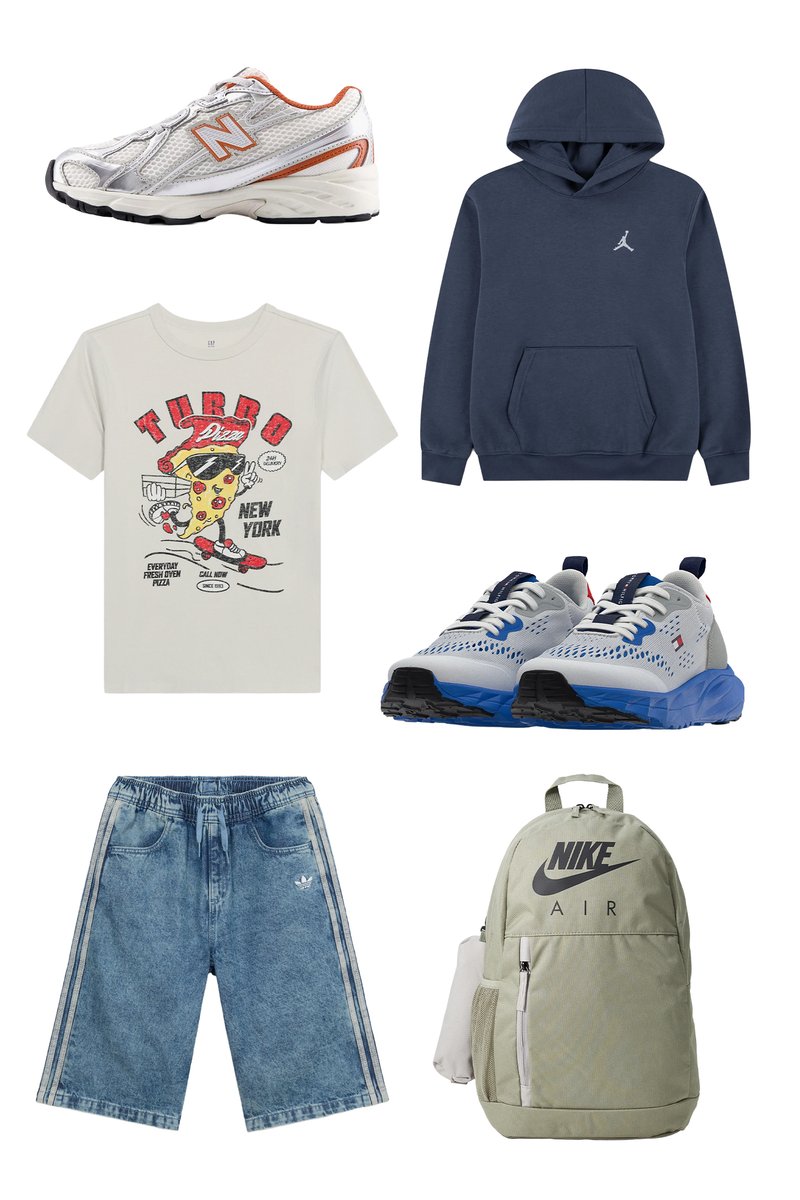 Baskets New Balance blanches et orange, t-shirt crème avec graphique pizza, sweat à capuche marine, shorts en denim bleu, baskets blanches et bleues, sac à dos Nike Air vert clair.