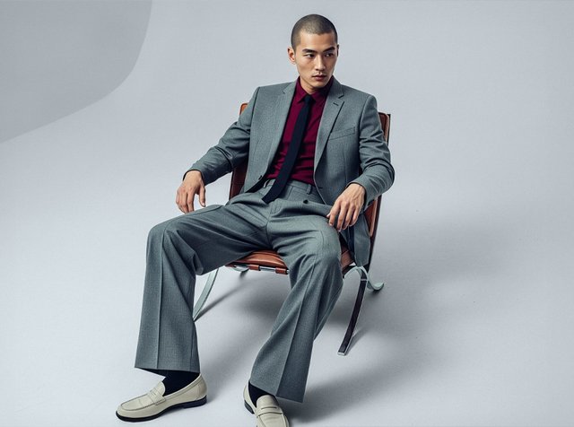 Grå kostym med ett texturerat mönster, kombinerad med en vinröd skjorta och svart slips. Modellen sitter i en modern stol och bär ljusa loafers.