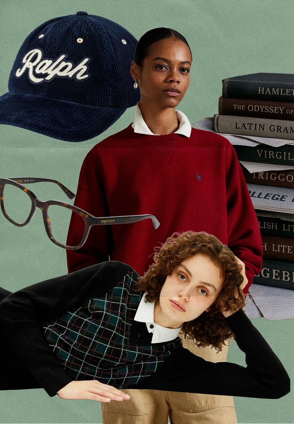 Navy corduroy baseball cap with "Ralph" logo; one model wearing a red sweatshirt and another in a black argyle waistcoat over a white collared shirt.