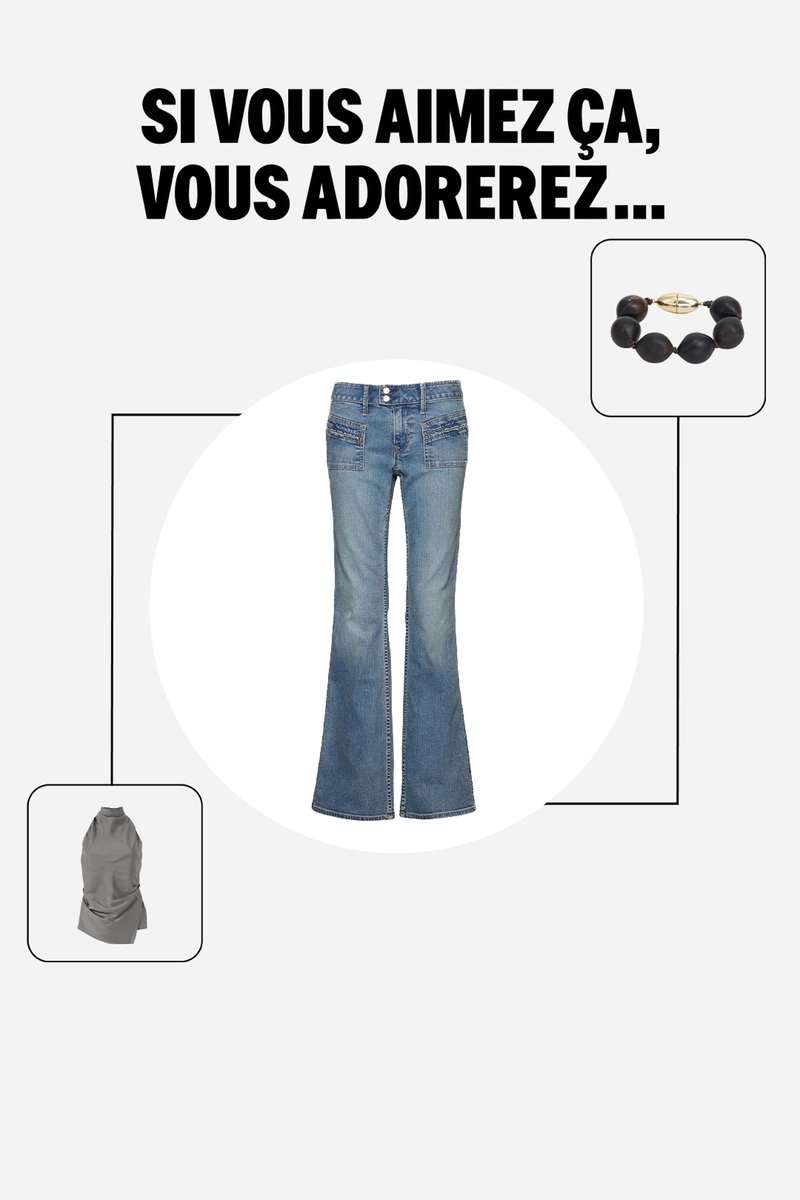 Jean flare bleu vue de face avec deux poches, bracelet noir perlé avec fermoir doré, et haut gris sans manches drapé sur fond blanc.