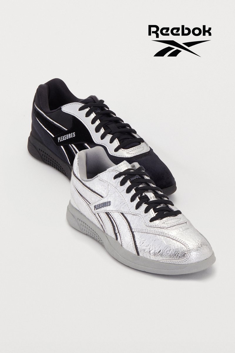 Black sneaker featuring textured fabric, white accents, and the text "PLEASURES"; metallic silver sneaker with a crinkled texture and contrasting black laces.
