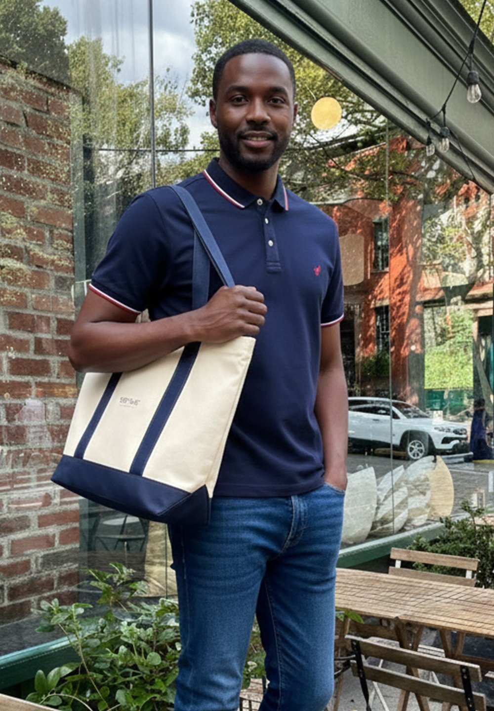 Hombre con polo azul marino y jeans, de pie fuera de una cafetería, sosteniendo un bolso tote crema y azul marino sobre el hombro.