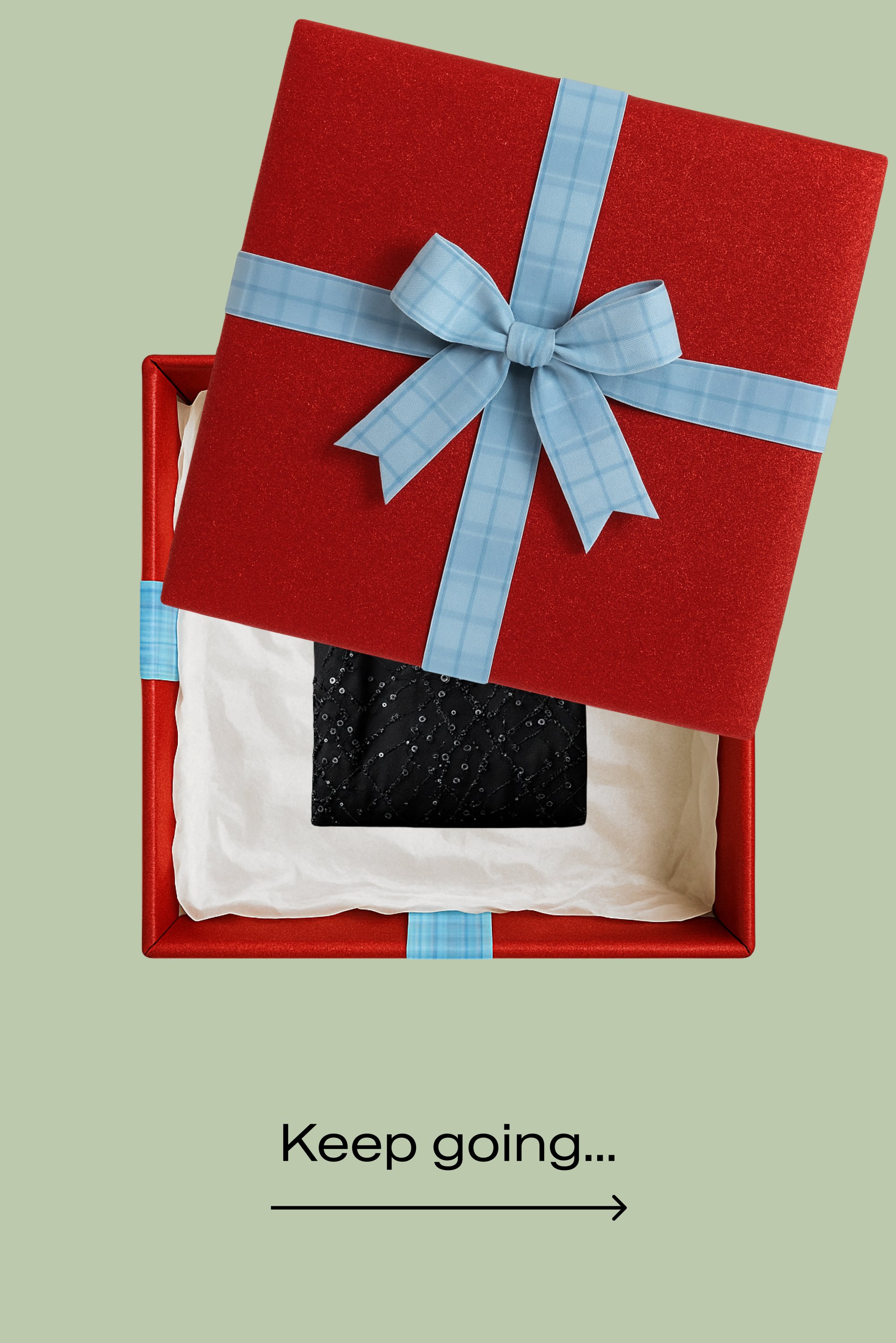 Scatola regalo rossa glitterata con un nastro a quadretti azzurro chiaro, che svela un oggetto nero trapuntato all'interno, posato su carta velina bianca.