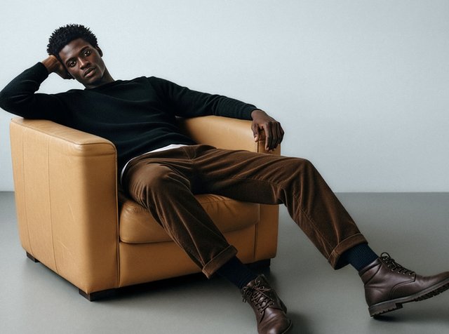 Ljusbrun läderfåtölj med rundade kanter; person klädd i svart tröja, bruna byxor och bruna snörkängor, sitter avslappnat.