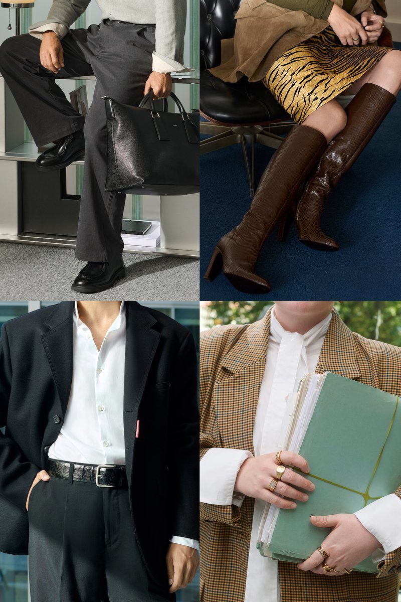 Borsa tote nera in pelle, pantaloni grigi, stivali al ginocchio marroni, maglione crema, blazer nero, blazer a quadri, camicia bianca e cartelle verde.