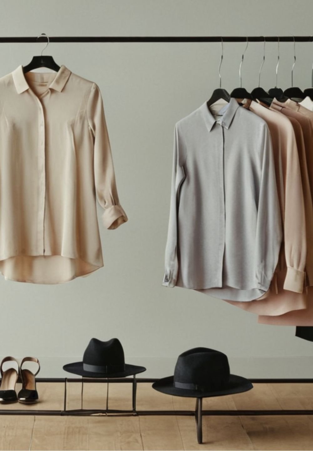 Na wieszaku wiszą dwie bluzki w kolorze beżowym i szarym, obok nich znajdują się dodatkowe koszule w stonowanych kolorach. Poniżej leżą czarne kapelusze i szpilki.