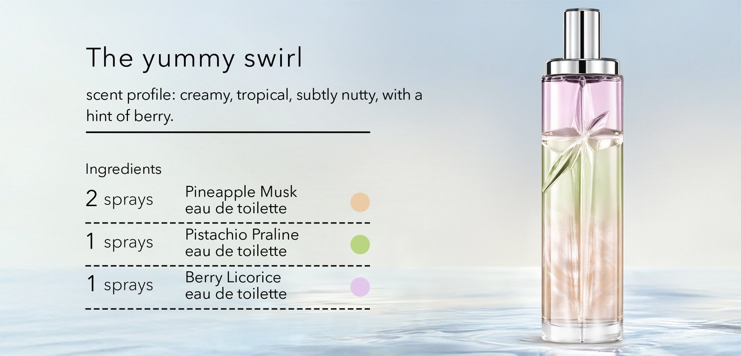 Botella transparente con capas de líquido rosa, verde y beige junto a agua tranquila, etiquetada como "The yummy swirl" con notas de aroma e instrucciones de pulverización.