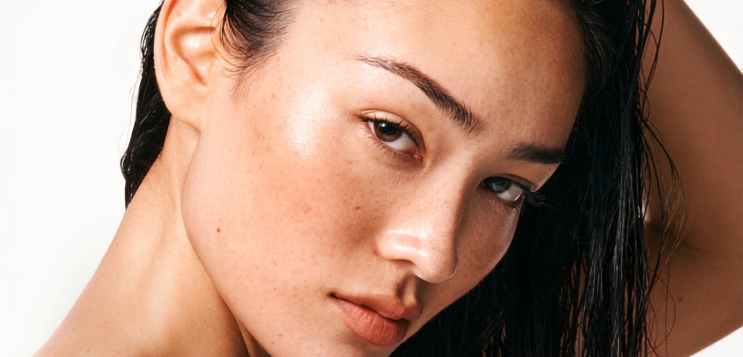 Primer plano de una mujer con piel clara, cabello oscuro y húmedo, y una expresión tranquila, mirando ligeramente hacia abajo con un brazo levantado detrás de la cabeza.