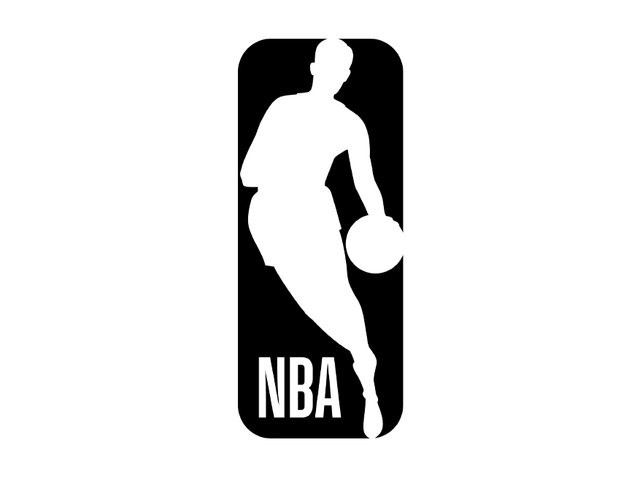 Logo NBA przedstawiające stylizowany biały zarys zawodnika kozłującego piłkę koszykową na czarnym prostokątnym tle.