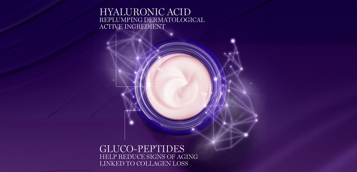 Ein glänzendes Glas mit Creme, das innen wirbelt, etikettiert mit "Hyaluronsäure" und "Gluco-Peptide", vor einem lila Hintergrund mit einem Netzwerkdesign.