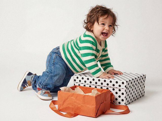 Maloletnik v zelenem puloverju s črtami in kavbojkah se smehlja, medtem ko kleči in se naslanja na veliko darilno škatlo s pikami, zraven pa je oranžna torba.