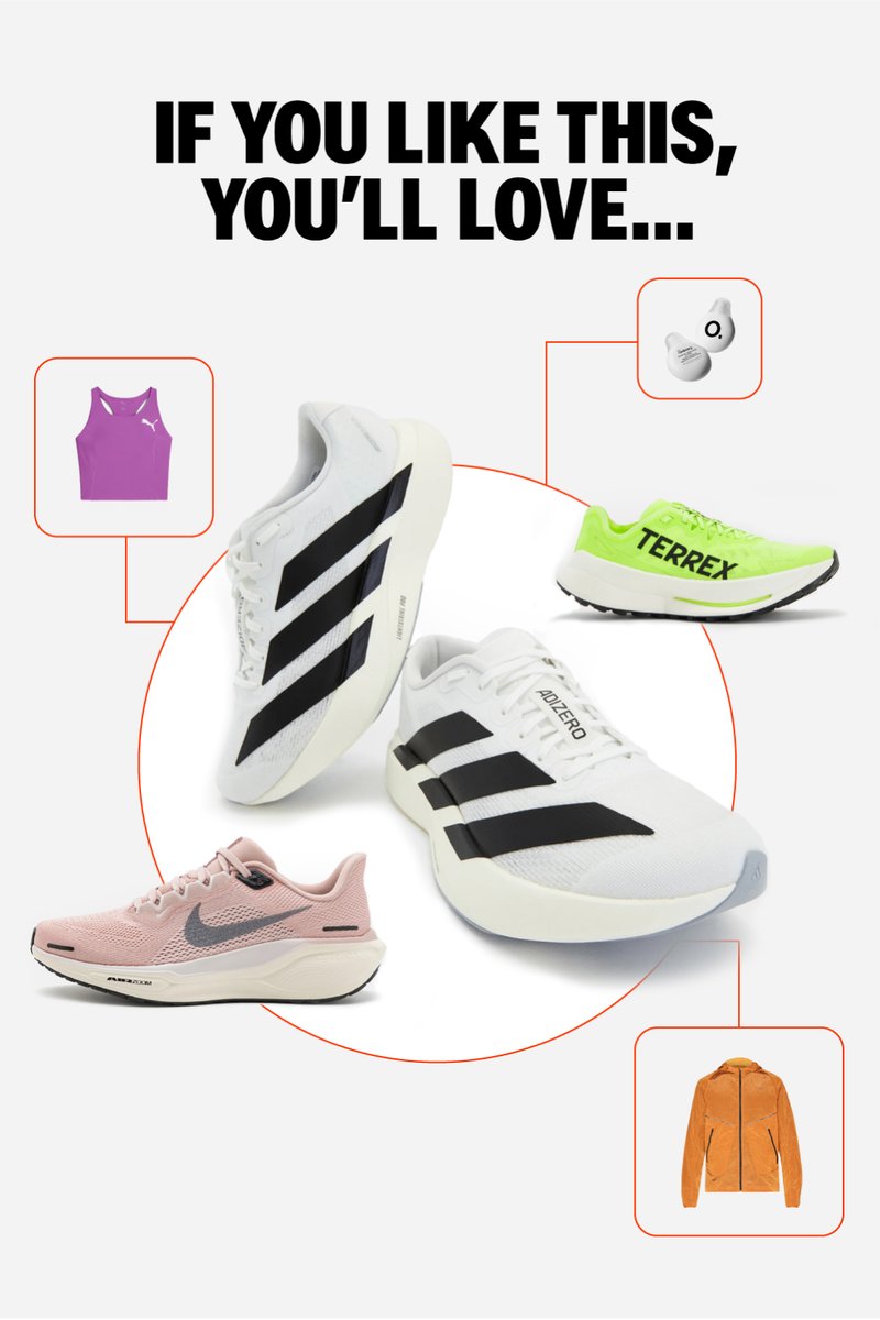 Zapatillas blancas con rayas negras están en el centro, rodeadas de zapatos rosas y verdes, una camiseta deportiva morada y una chaqueta naranja.