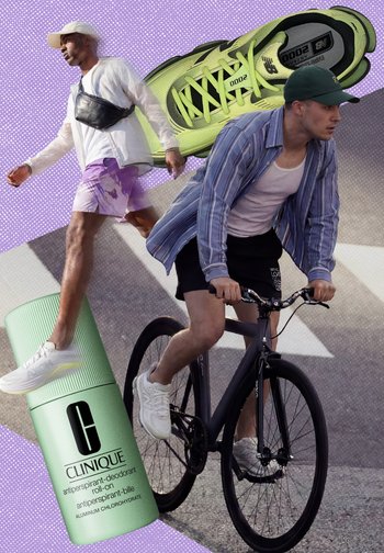 Homme à vélo en vêtements décontractés et casquette, homme marchant en tenue de sport et casquette, déodorant Clinique vert et grande chaussure de course jaune.