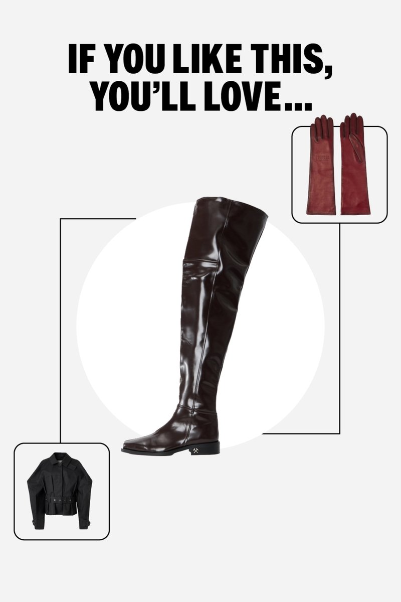 Stivale nero di pelle sopra il ginocchio al centro; collegato a lunghi guanti rossi di pelle e giacca nera con cintura ai lati, testo "Se ti piace questo, adorerai..."