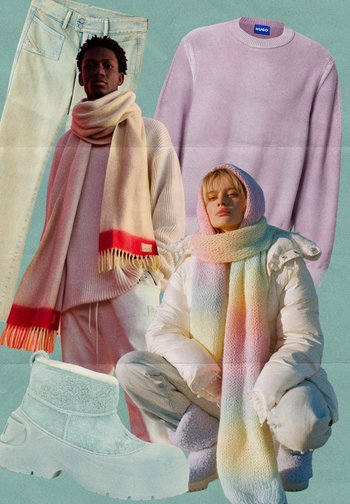 Two models showcase casual winter clothing: a lilac sweater, a pastel gradient scarf, a white puffer jacket, light jeans, and mint ankle boots.
