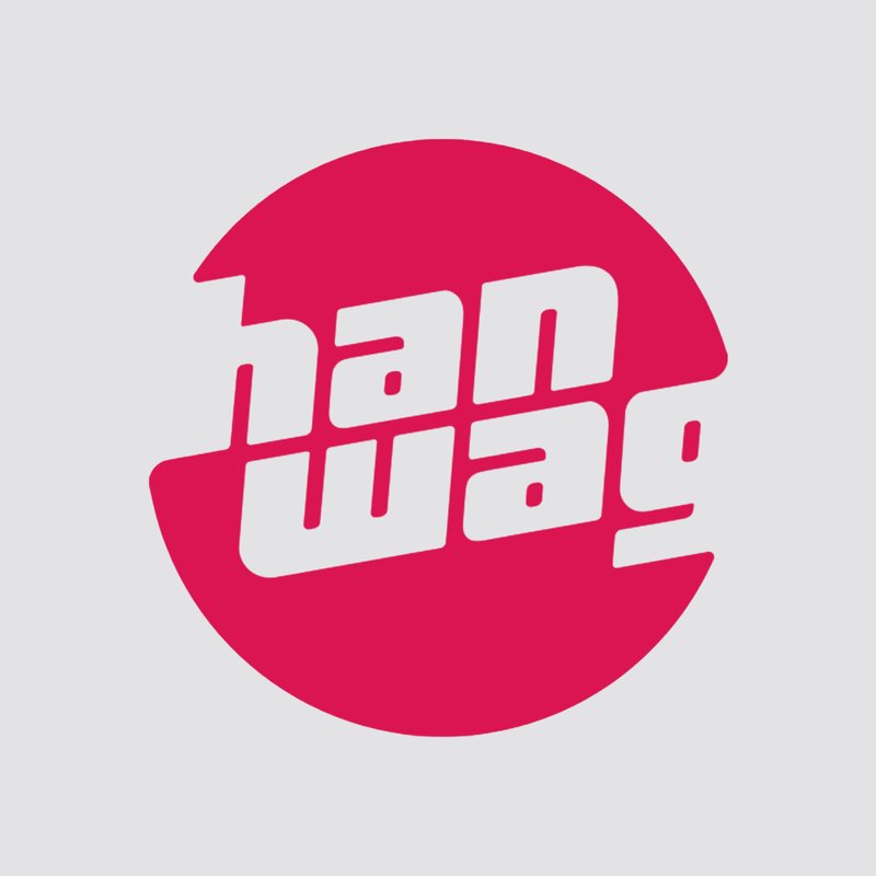 White text spelling "hanwag" in a dynamic font against a bright pink circular background, conveying a modern brand identity.