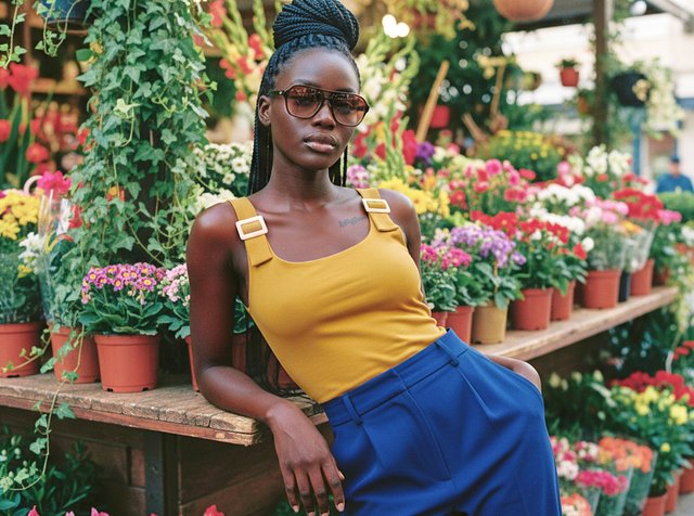 Femme aux cheveux tressés et lunettes de soleil appuyée sur une table en bois avec des fleurs en pot colorées dans un cadre lumineux d'un marché de jardin en plein air.