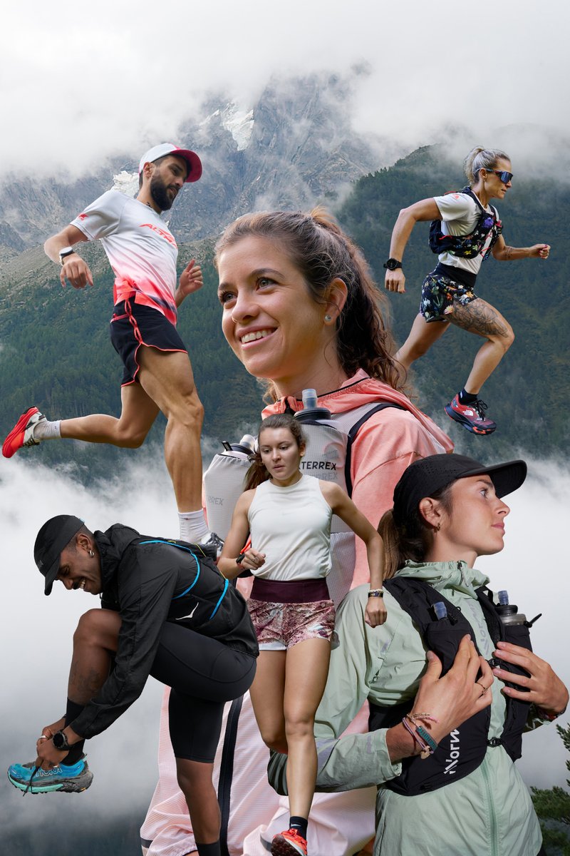 A group of runners dressed in outdoor gear, including vests with water bottles, assorted shorts, and shirts, is set against a misty mountain backdrop.