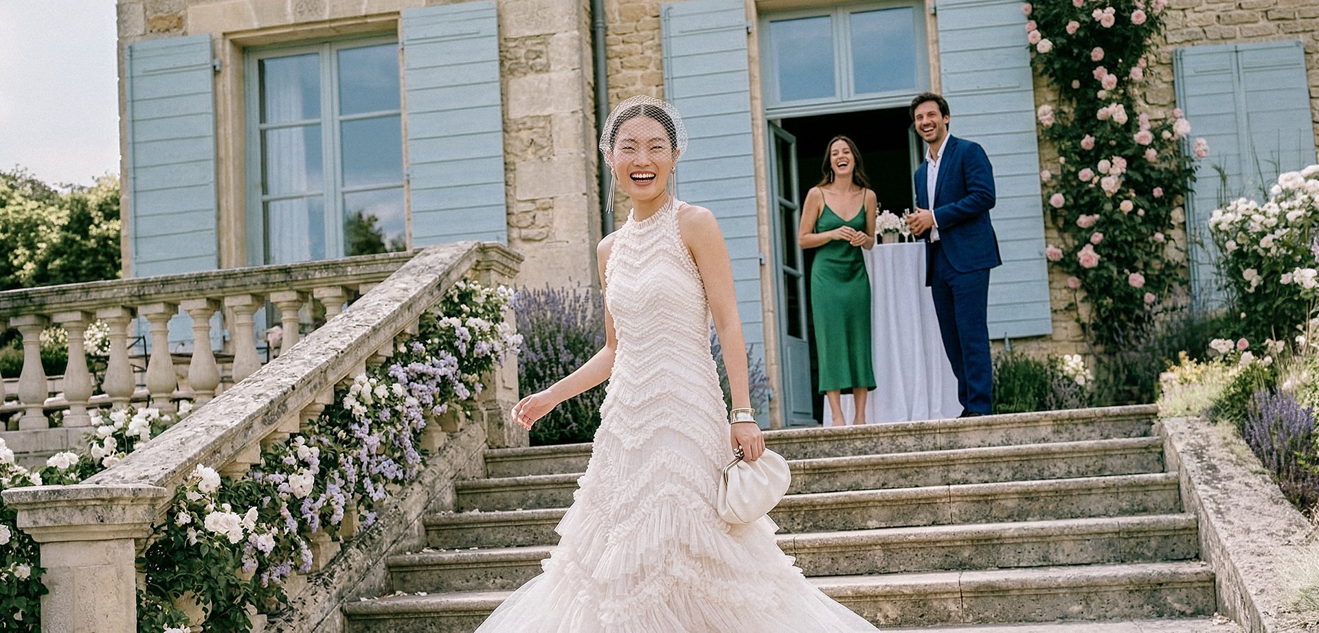 Mariée en robe de dentelle blanche souriant sur les marches du jardin, avec une femme en robe verte et un homme en costume bleu debout près d'une table derrière elle.