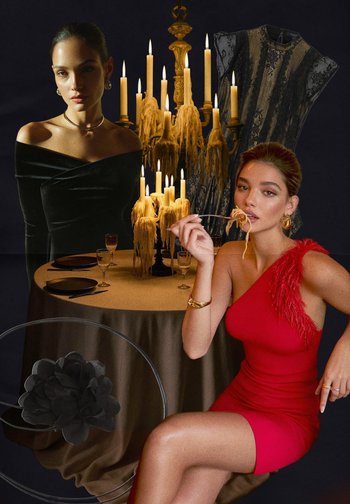 Deux femmes en robes élégantes près d'une table éclairée à la bougie ; l'une en robe noire épaules dénudées, l'autre en robe rouge asymétrique mangeant des spaghettis.