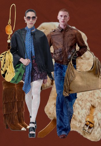 Leather jacket, patterned scarf, fringed suede boots, textured handbag with tassels, white tights, and two distinct outfits against a brown background.