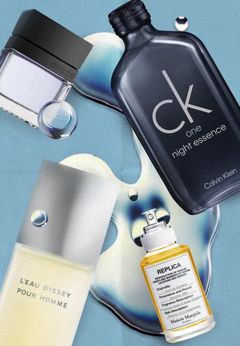 Vier verschiedene Herrendüfte, darunter CK One Night Essence, Guess, L'Eau d'Issey Pour Homme und Maison Margiela Replica auf einer blauen Oberfläche.