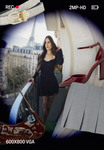 Robe noire à manches longues, escarpins en cuir rouge verni, sac à main marron avec boucles, jupe grise plissée et ceinture blanche à motifs.