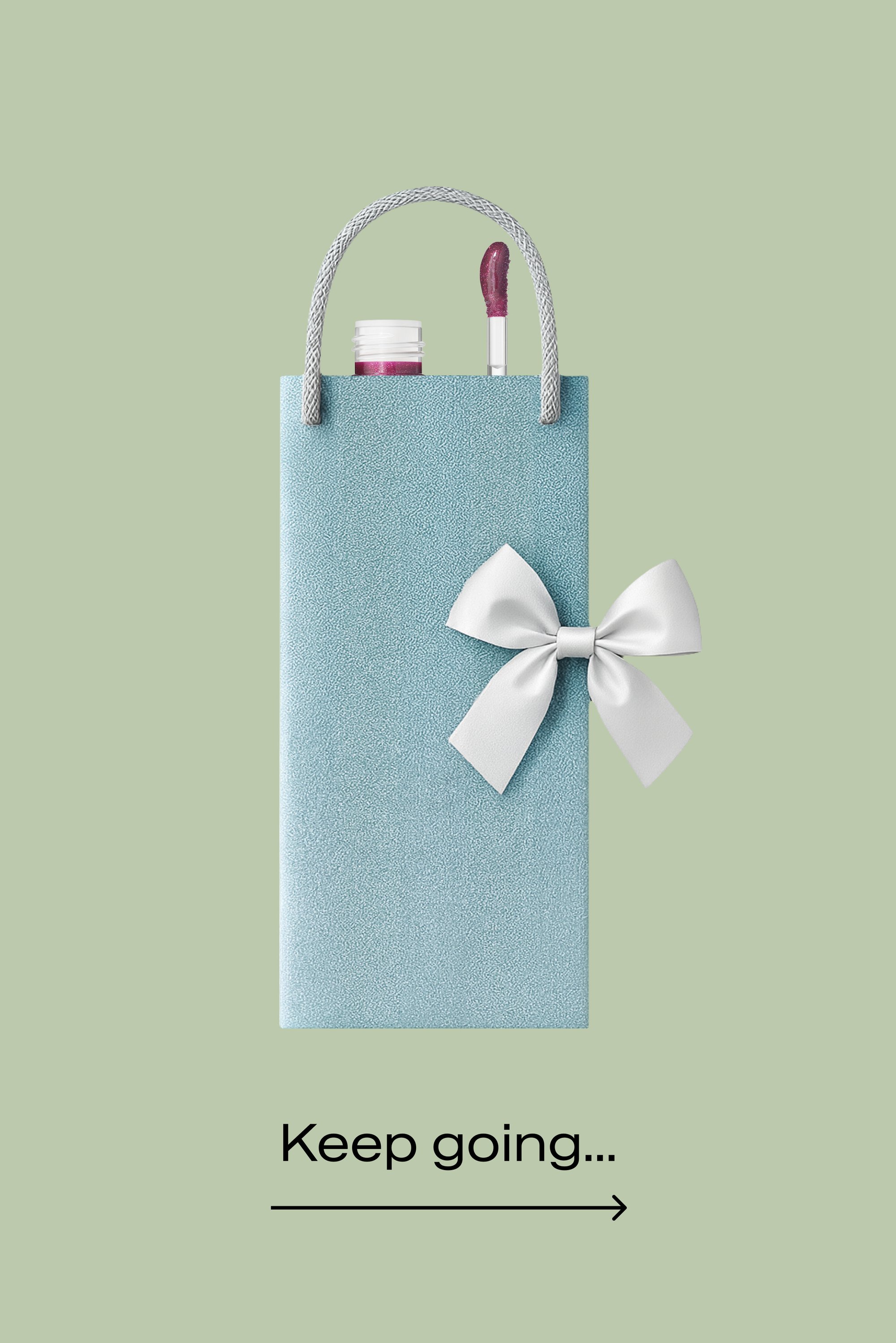 Una borsa regalo di colore azzurro chiaro con trama, manico a corda argento, decorata con un fiocco bianco e che contiene due prodotti cosmetici che sbucano all'esterno.