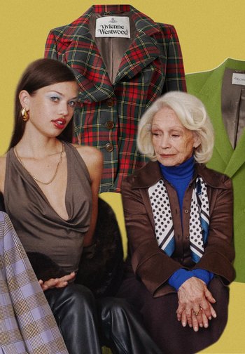 Dvi moterys sėdi prieš geltoną foną. Ryškiai matomi languotas Vivienne Westwood švarkas ir žalia striukė. Pirma moteris dėvi rudą halterio tipo viršutinį drabužį ir ryškius auskarus, o antra - rudą švarką ir skarelę su taškeliais.