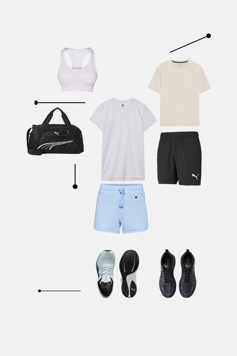 Set de îmbrăcăminte sport compus dintr-un sutien sport alb, tricouri de culoare deschisă și închisă, șorturi negre, șorturi de culoare albastră deschisă, o geantă de sport neagră și două perechi de adidași.