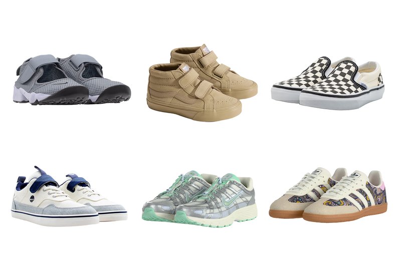 Sechs Paare Sneakers in verschiedenen Stilen und Farben, in zwei Reihen auf weißem Hintergrund angeordnet.