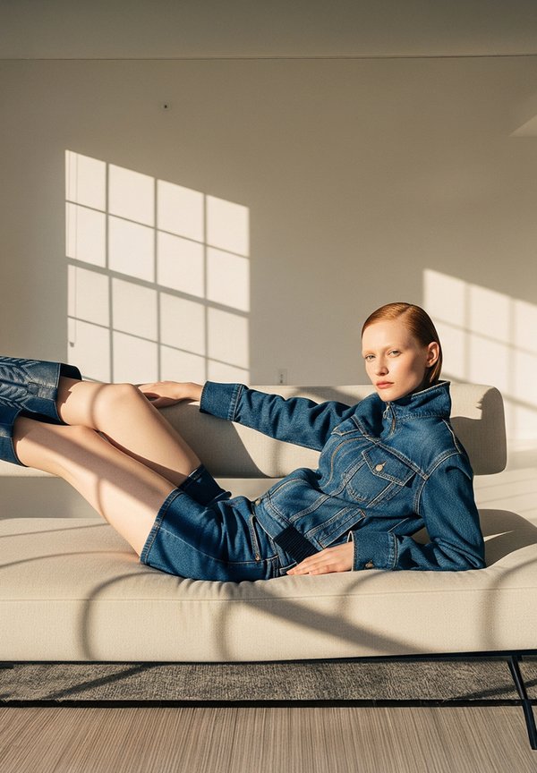 Deep blue denim jacket and skirt set featuring gold hardware, a fitted design, and a collared neckline, showcased on a light-coloured sofa.