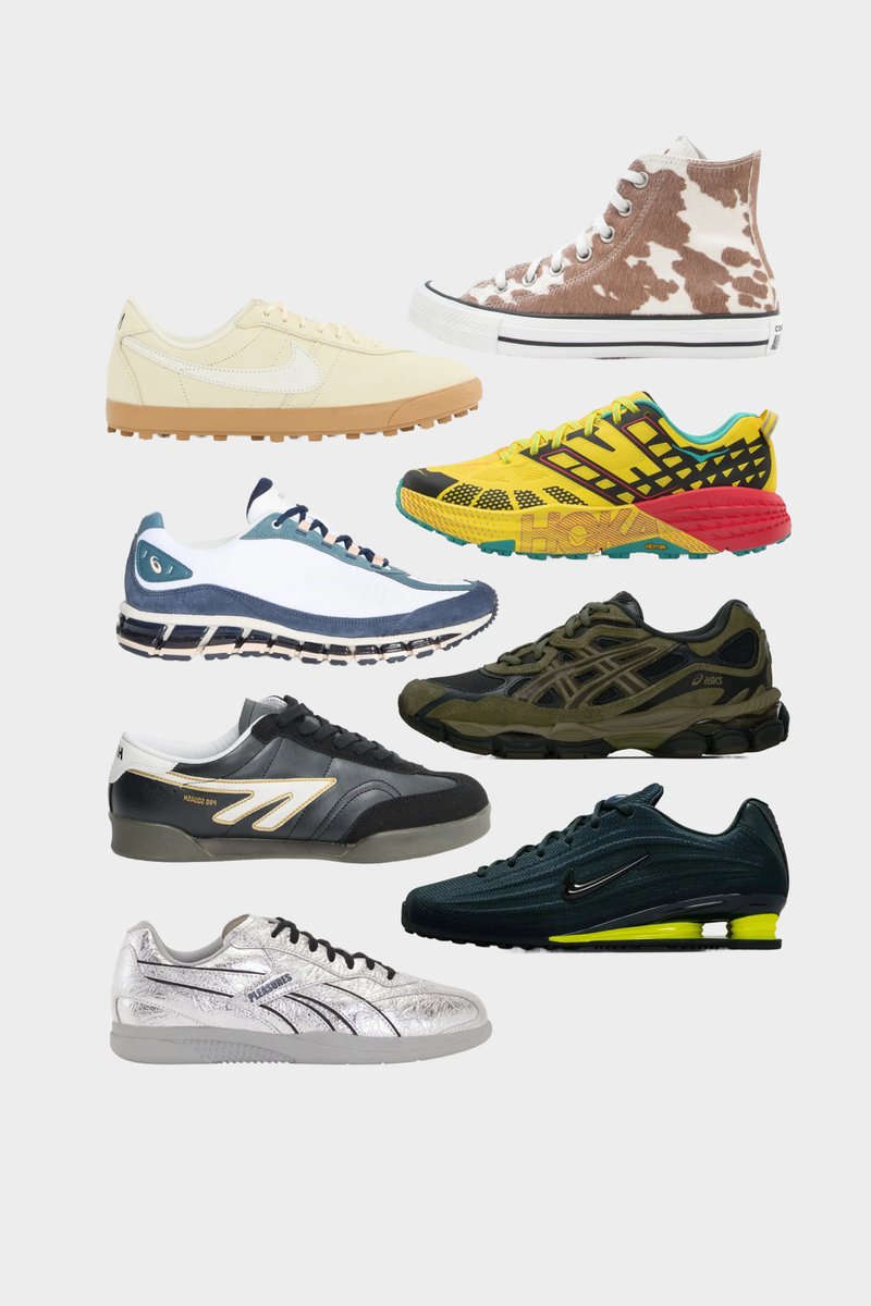 Collection of trainers featuring various designs: leather, mesh, rubber soles, colours like beige, black, yellow; some with unique patterns and textures.