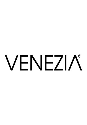 Czarny napis "VENEZIA" z stylizowaną literą „A” na końcu. Na gładkim białym tle. Czysta, nowoczesna typografia.