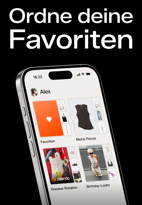Smartphone mit einer Benutzeroberfläche, die Kategorien anzeigt, einschließlich eines Herzsymbols, Kleidungssachen und einem stylischen Sneaker-Design auf einem dunklen Hintergrund.