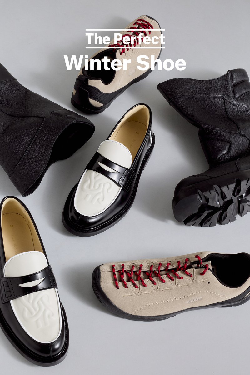 Drei Paar Winterschuhe: ein schwarz-weißes Slip-On, ein beiger Sneaker mit roten Schnürsenkeln und ein schwarzer Stiefelette, die unterschiedliche Texturen und Formen zeigen.