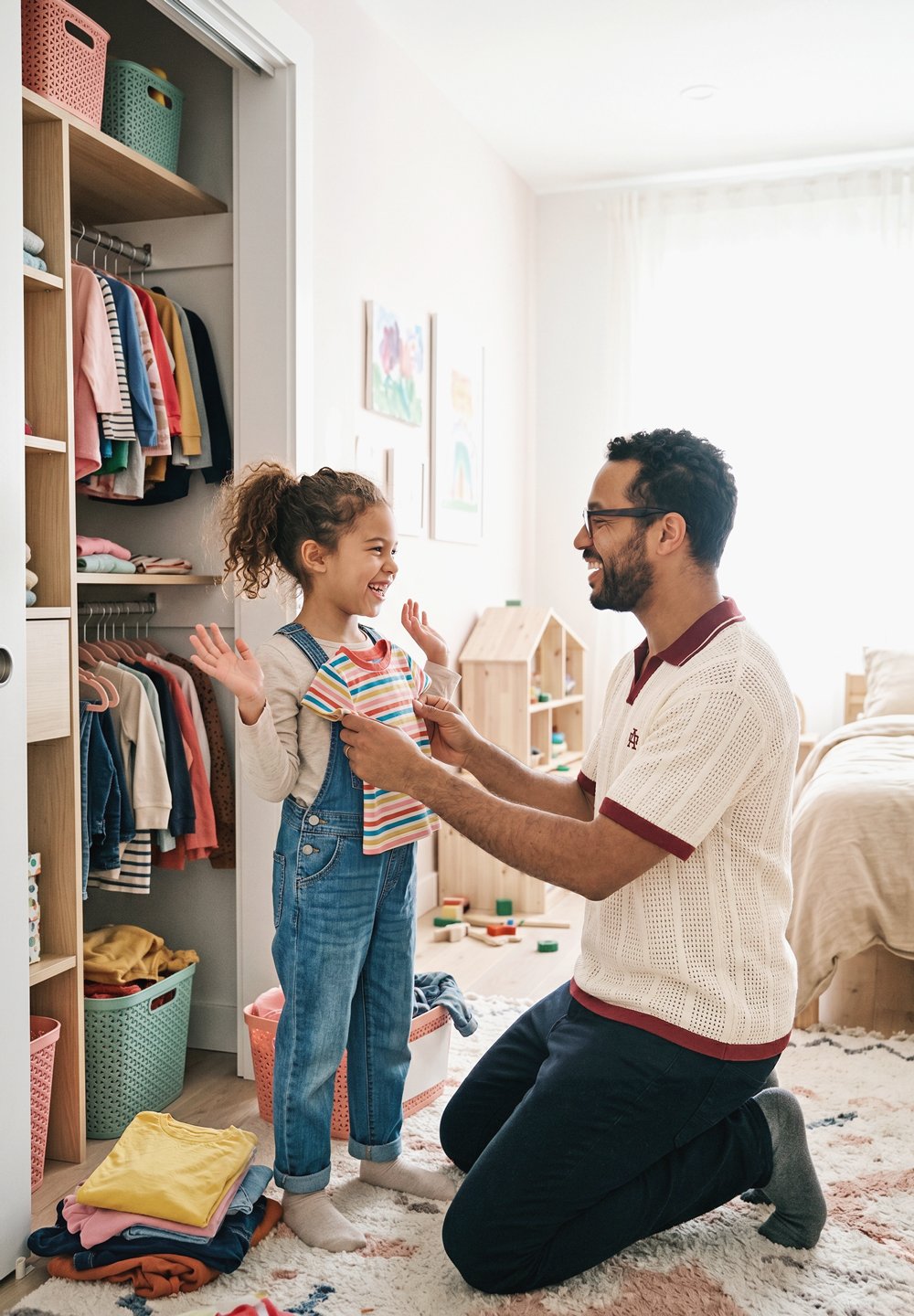 Vater kniet und hält ein gestreiftes Hemd vor seine lächelnde Tochter, die neben einem offenen Kleiderschrank in einem hell erleuchteten Schlafzimmer steht.