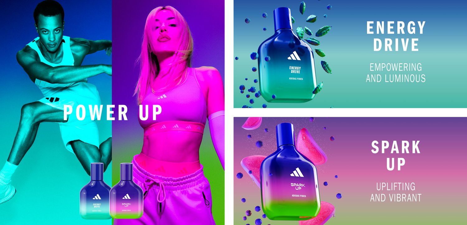 A man leaps in athletic wear beside a woman posing confidently. Two bottles labeled "Energy Drive" and "Spark Up" are featured with vibrant graphics.