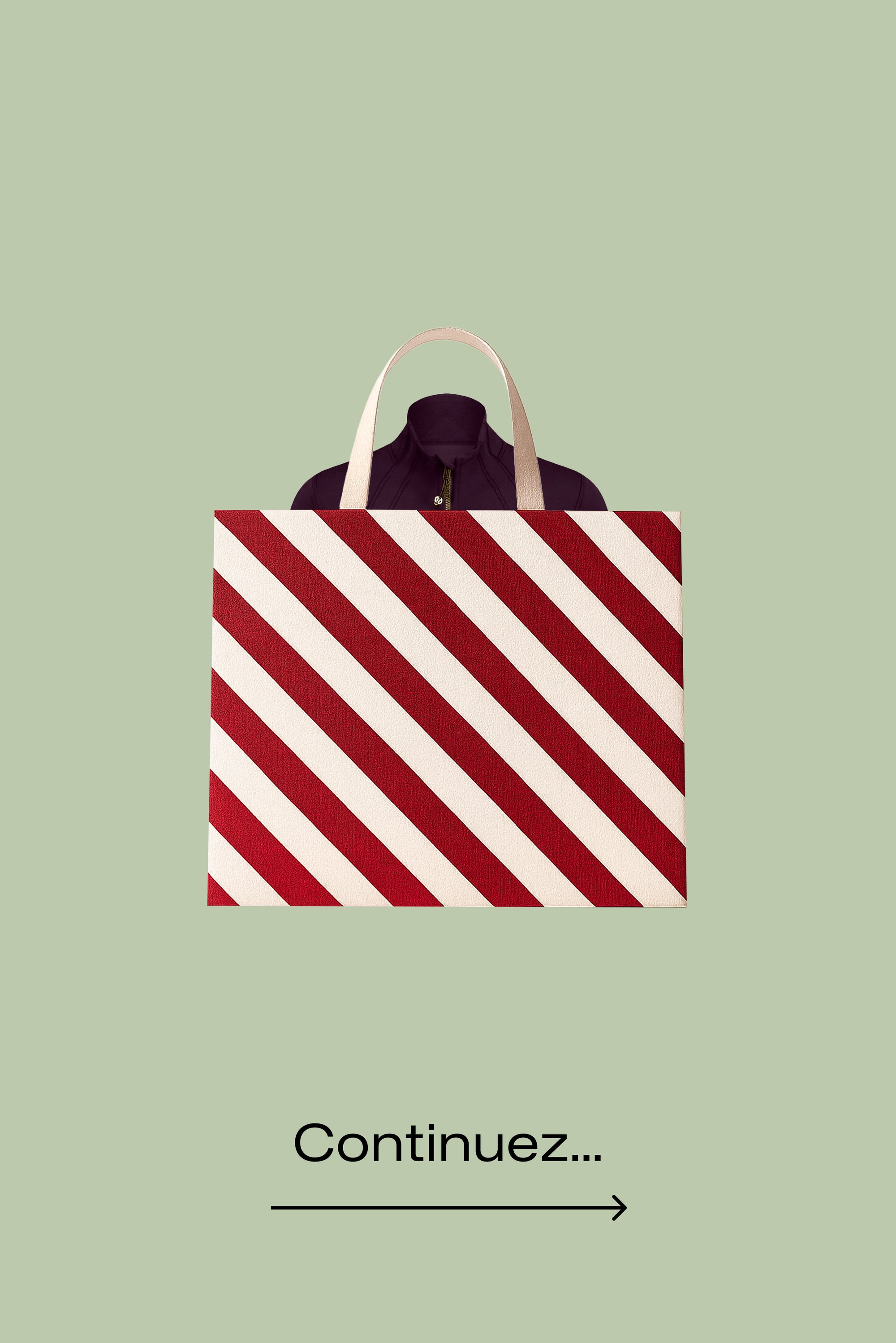 Sac fourre-tout en toile avec des rayures diagonales rouges et blanches, poignées de couleur claire. Présenté sur un fond vert doux.