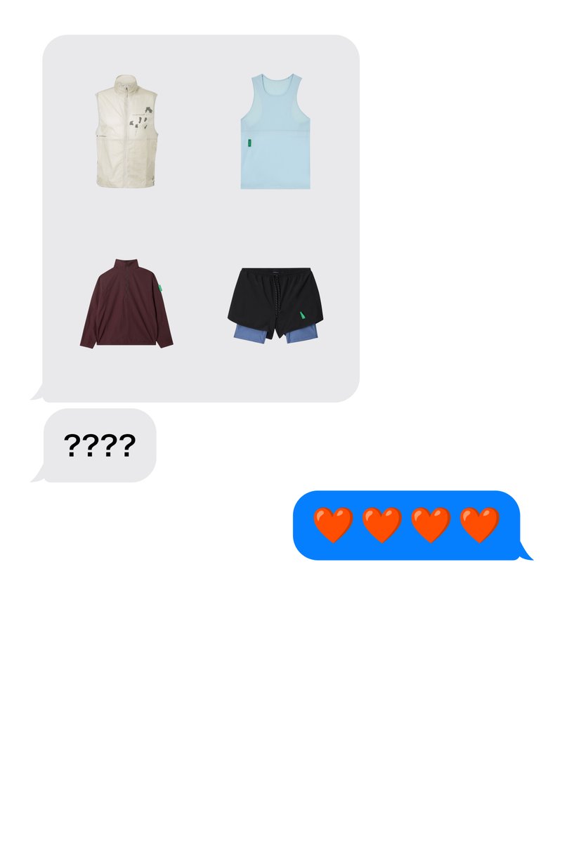 Cuatro prendas de ropa mostradas: chaleco beige, camiseta sin mangas azul claro, camiseta de manga larga granate y pantalones cortos negros sobre leggings azules.
