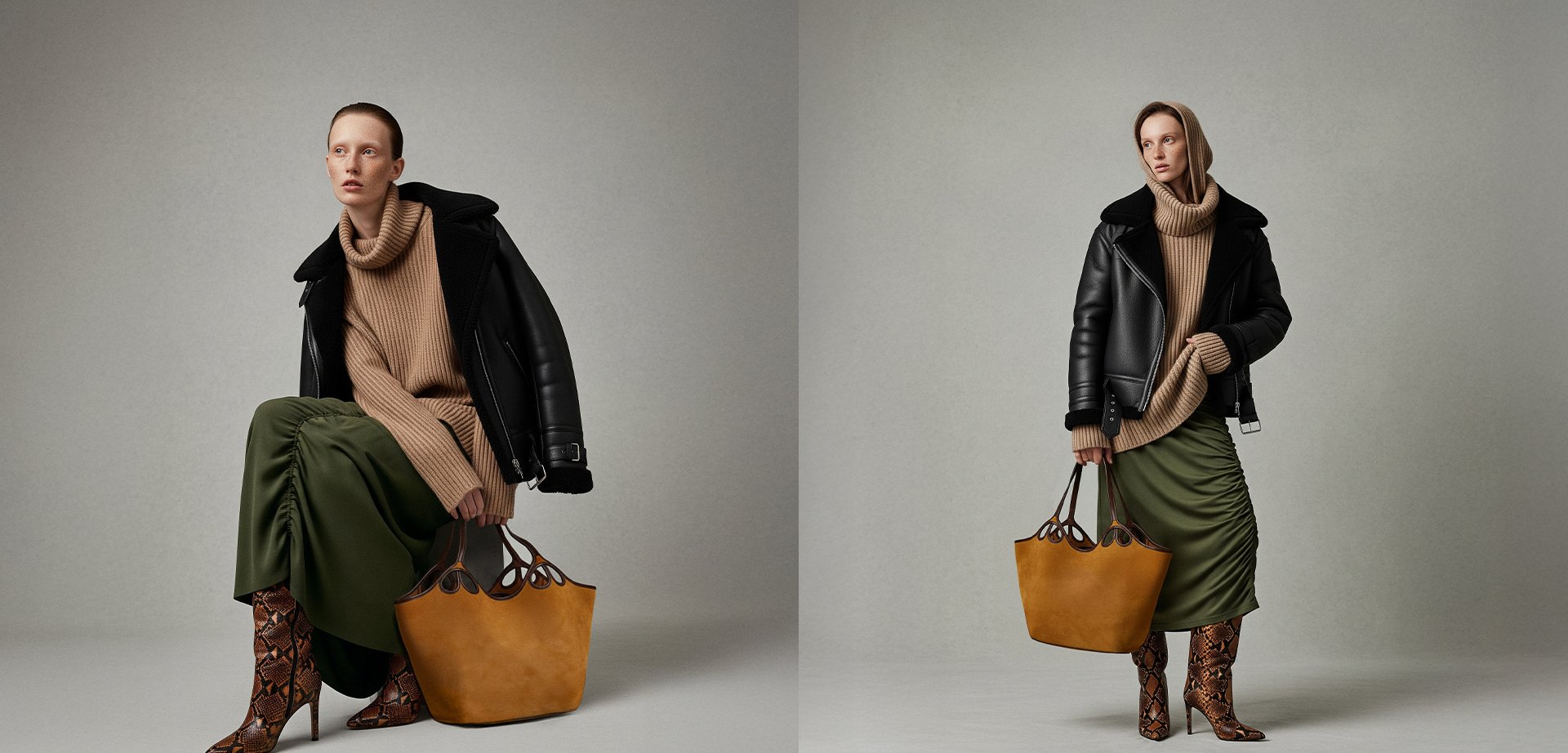 Tan knitted turtleneck, black leather jacket, and olive green skirt. Accessories include a brown tote bag and snake-print boots.