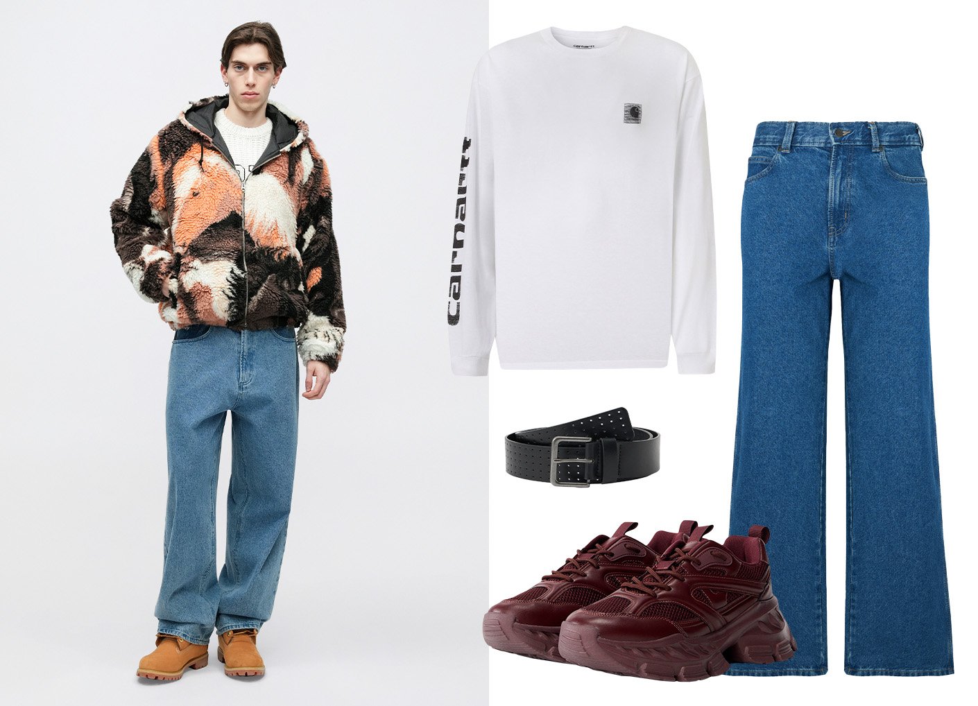 Jachetă din blană artificială cu un model abstract, cămașă albă cu mâneci lungi, blugi albaștri cu picioare largi, curea neagră și adidași masivi bordo.