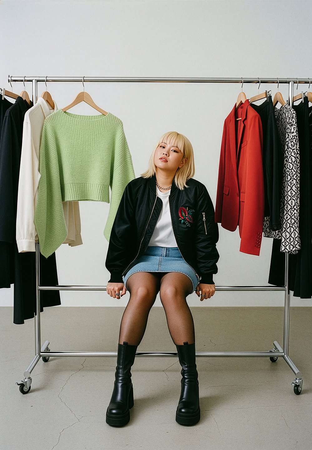 Schwarze Bomberjacke mit gestickten Details, weißes T-Shirt, Jeansrock und klobige schwarze Stiefel, sitzt neben einem Kleiderständer mit verschiedenen Kleidungsstücken.